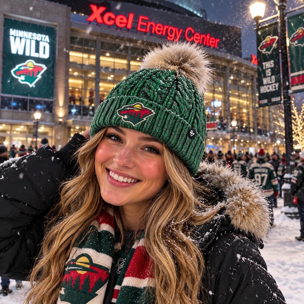 Minnesota Wild 47 Brand Women Meeko Cuff Knit Beanie Green Pom Hat NHL Meeko